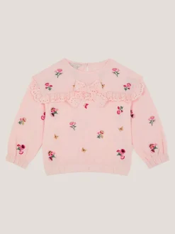 Monsoon Pink Floral Broderie Bow Sweatshirt