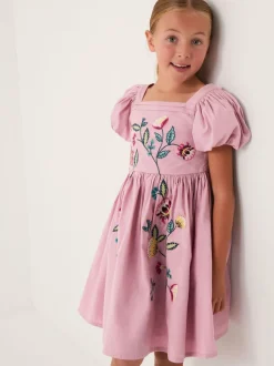 Monsoon Pink Floral Embroidered Puff Sleeve Dress