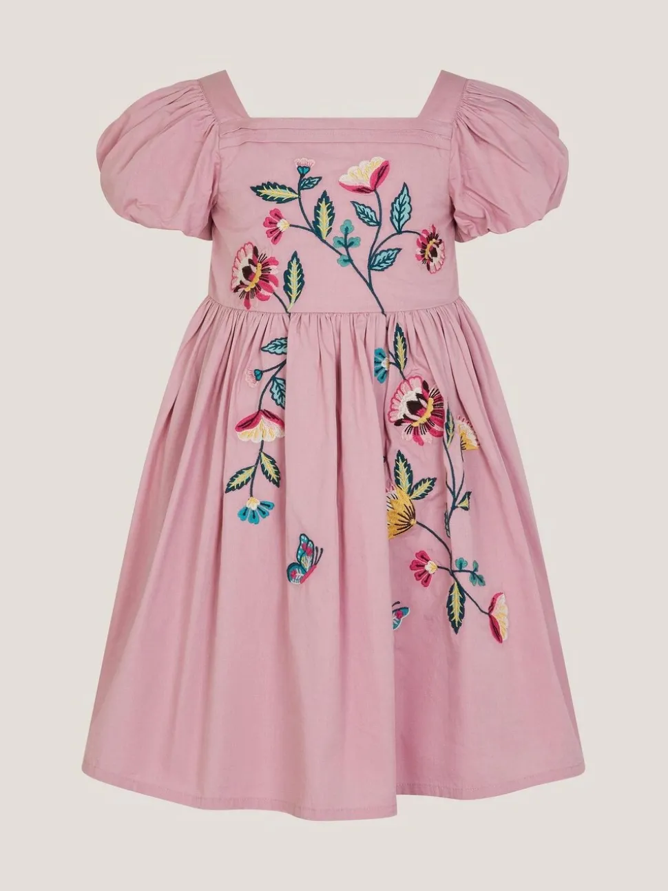 Monsoon Pink Floral Embroidered Puff Sleeve Dress