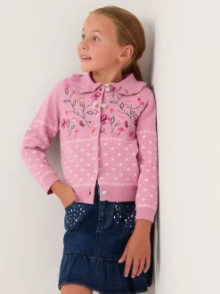 Monsoon Pink Floral Embroidered Collar Cardigan