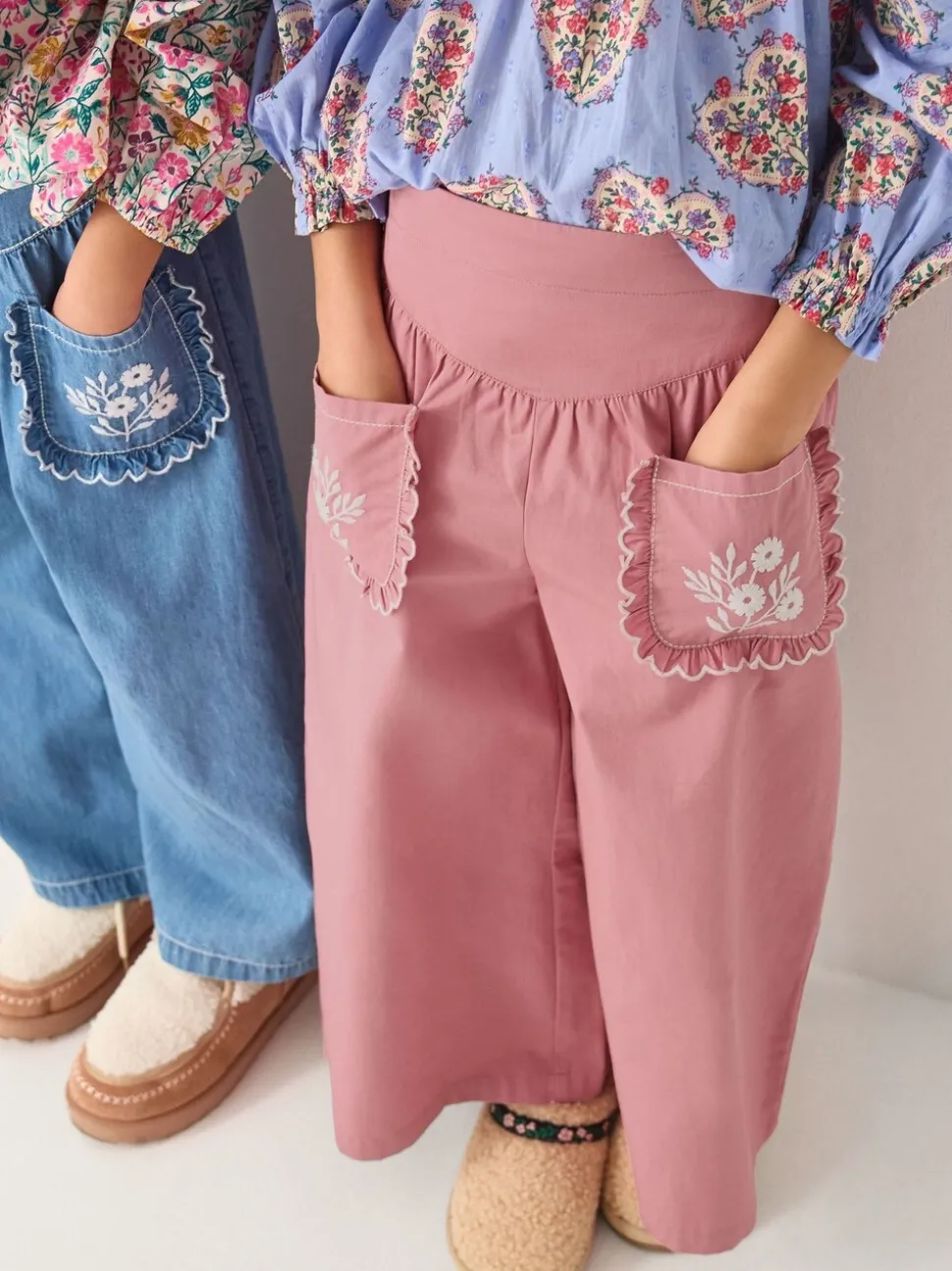 Monsoon Pink Floral Embroidered Scallop Trousers