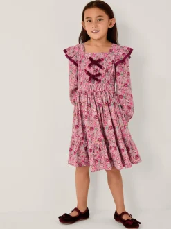 Monsoon Pink Floral Long Sleeve Bow Dress
