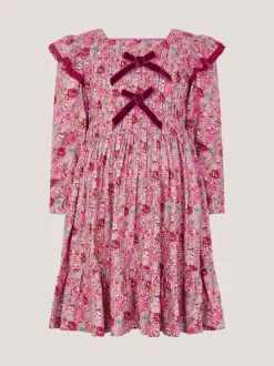 Monsoon Pink Floral Long Sleeve Bow Dress