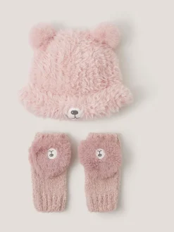 Monsoon Pink Fluffy Teddy Hat & Mitten Set