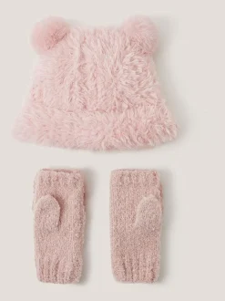 Monsoon Pink Fluffy Teddy Hat & Mitten Set