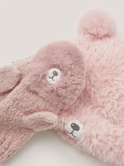 Monsoon Pink Fluffy Teddy Hat & Mitten Set
