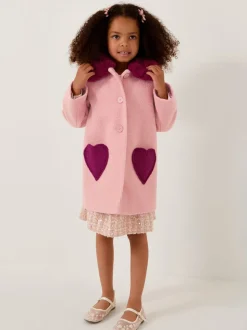 Monsoon Pink Heart Boucle Faux Fur Collar Coat