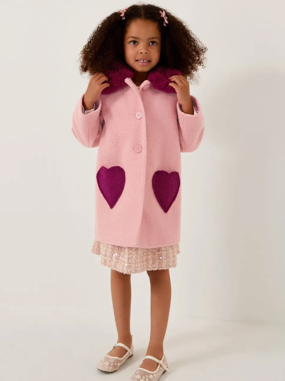 Monsoon Pink Heart Boucle Faux Fur Collar Coat