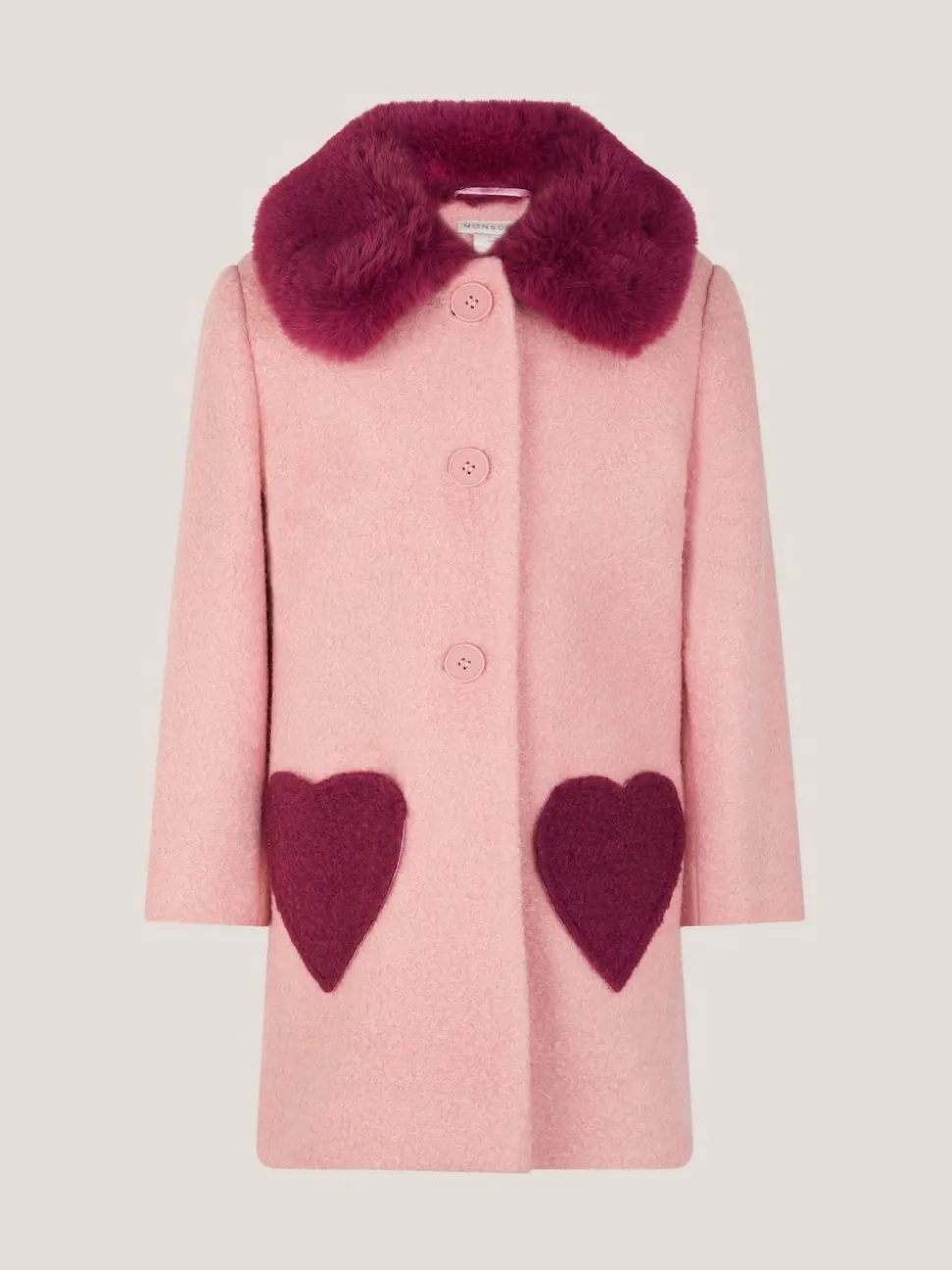 Monsoon Pink Heart Boucle Faux Fur Collar Coat