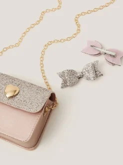 Monsoon Pink Mini Glitter Bag & Bow Hair Clips Set