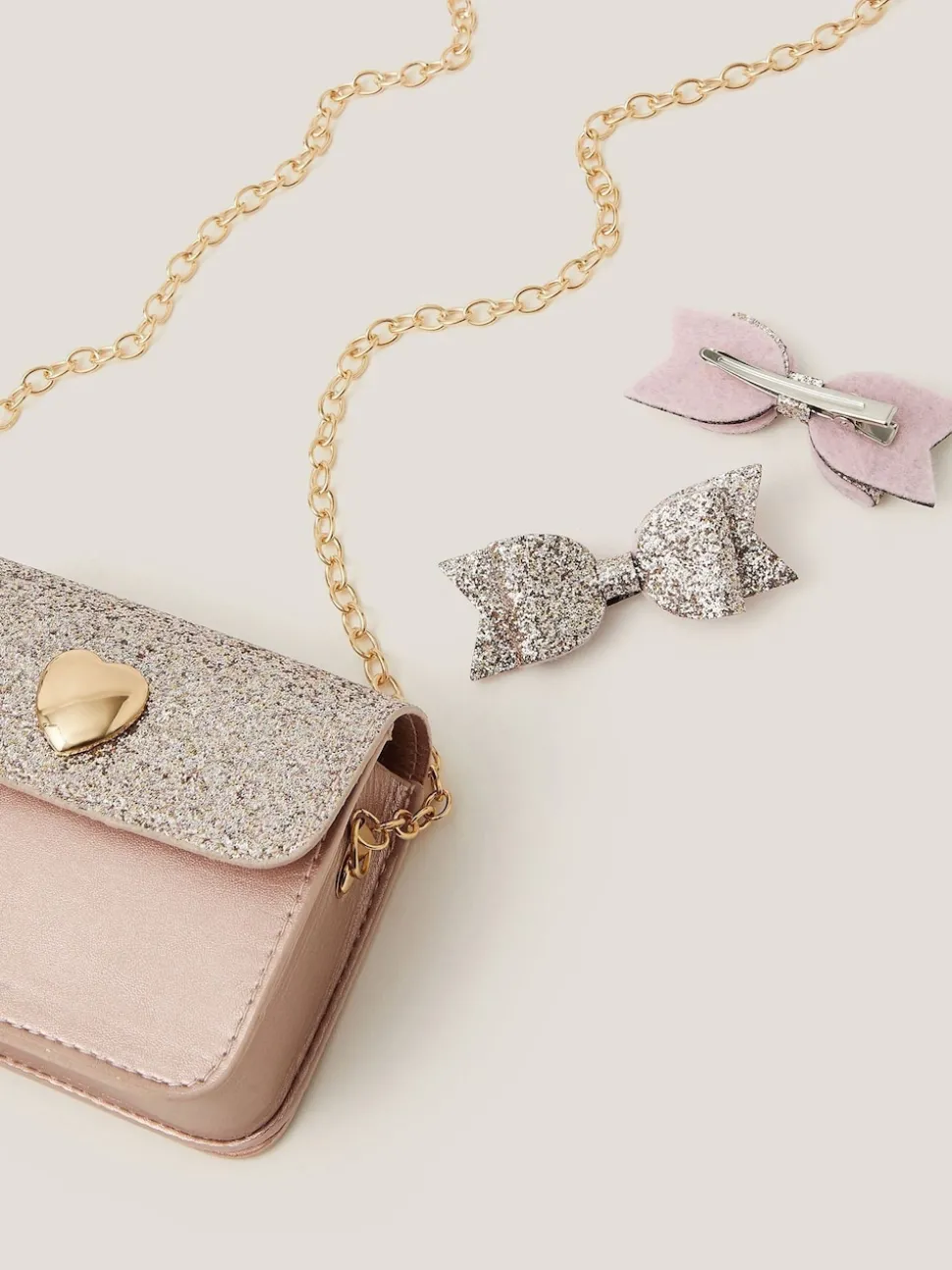Monsoon Pink Mini Glitter Bag & Bow Hair Clips Set