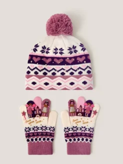 Monsoon Pink Princess Fair Isle Pattern Bobble Hat & Gloves Set
