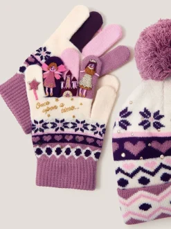 Monsoon Pink Princess Fair Isle Pattern Bobble Hat & Gloves Set
