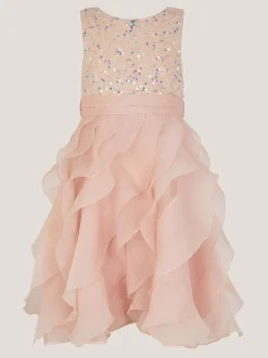 Monsoon Pink Sequin Waterfall Ruffle Party Dress