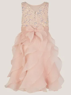 Monsoon Pink Sequin Waterfall Ruffle Party Dress