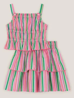 Monsoon Pink Stripe Top & Tiered Skirt Set