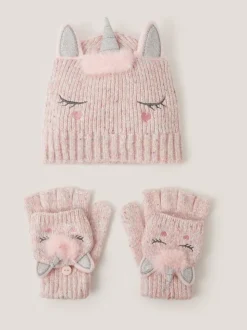 Monsoon Pink Unicorn Beanie Hat & Gloves Set