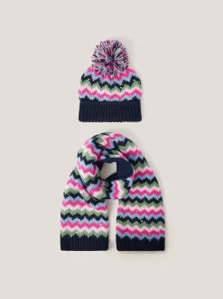 Monsoon Pink Zig Zag Bobble Hat & Scarf Set