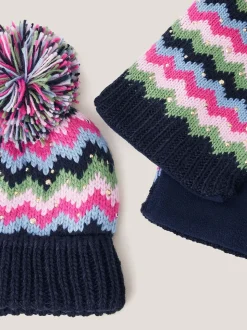 Monsoon Pink Zig Zag Bobble Hat & Scarf Set