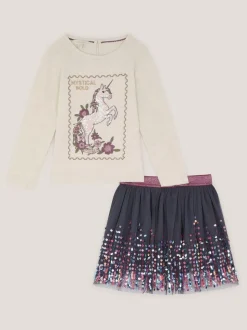 Monsoon Purple Cosmic Stamp Unicorn Top & Skirt Set