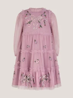 Monsoon Purple Floral Bow Embellished Tulle Dress
