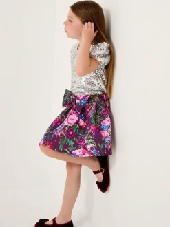 Monsoon Purple Floral Print Bow Scuba Skirt