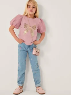 Monsoon Purple Sequin Bow Puff Sleeve T-Shirt