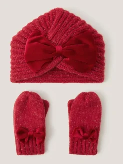 Monsoon Red Baby Bow Knitted Hat & Mittens Set