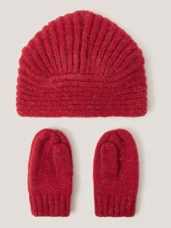 Monsoon Red Baby Bow Knitted Hat & Mittens Set