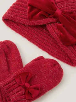 Monsoon Red Baby Bow Knitted Hat & Mittens Set