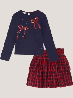 Monsoon Red Bow Embellished Top & Tartan Skirt Set