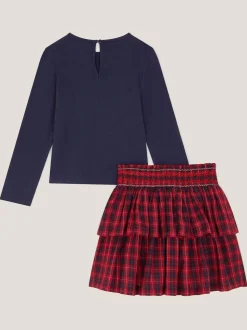 Monsoon Red Bow Embellished Top & Tartan Skirt Set