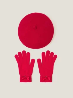 Monsoon Red Bow Wool Beret & Gloves Set