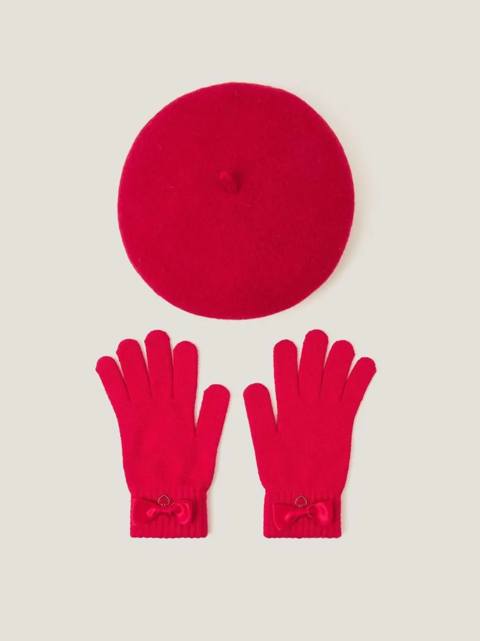 Monsoon Red Bow Wool Beret & Gloves Set