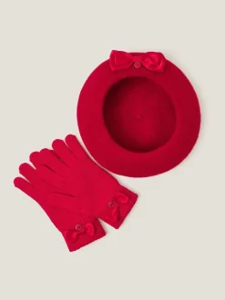Monsoon Red Bow Wool Beret & Gloves Set