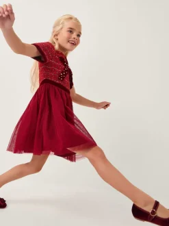 Monsoon Red Diamanté Bow Tweed Party Dress