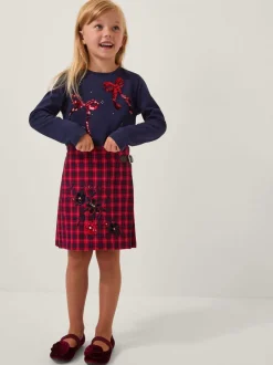 Monsoon Red Floral Embroidered Tartan Kilt Skirt