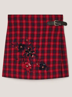 Monsoon Red Floral Embroidered Tartan Kilt Skirt