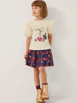Monsoon Red Floral Print Embroidered Tartan Skirt