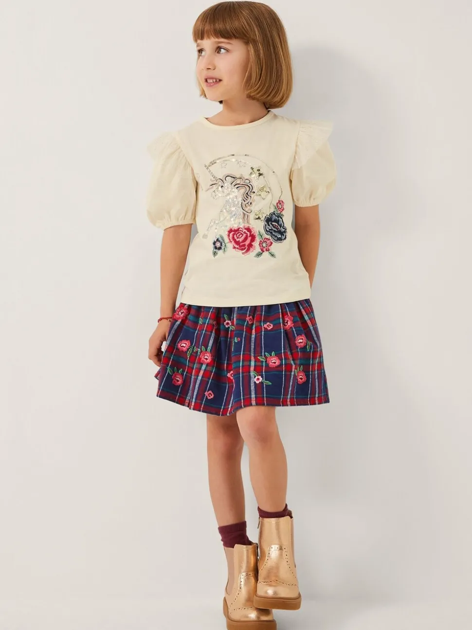 Monsoon Red Floral Print Embroidered Tartan Skirt