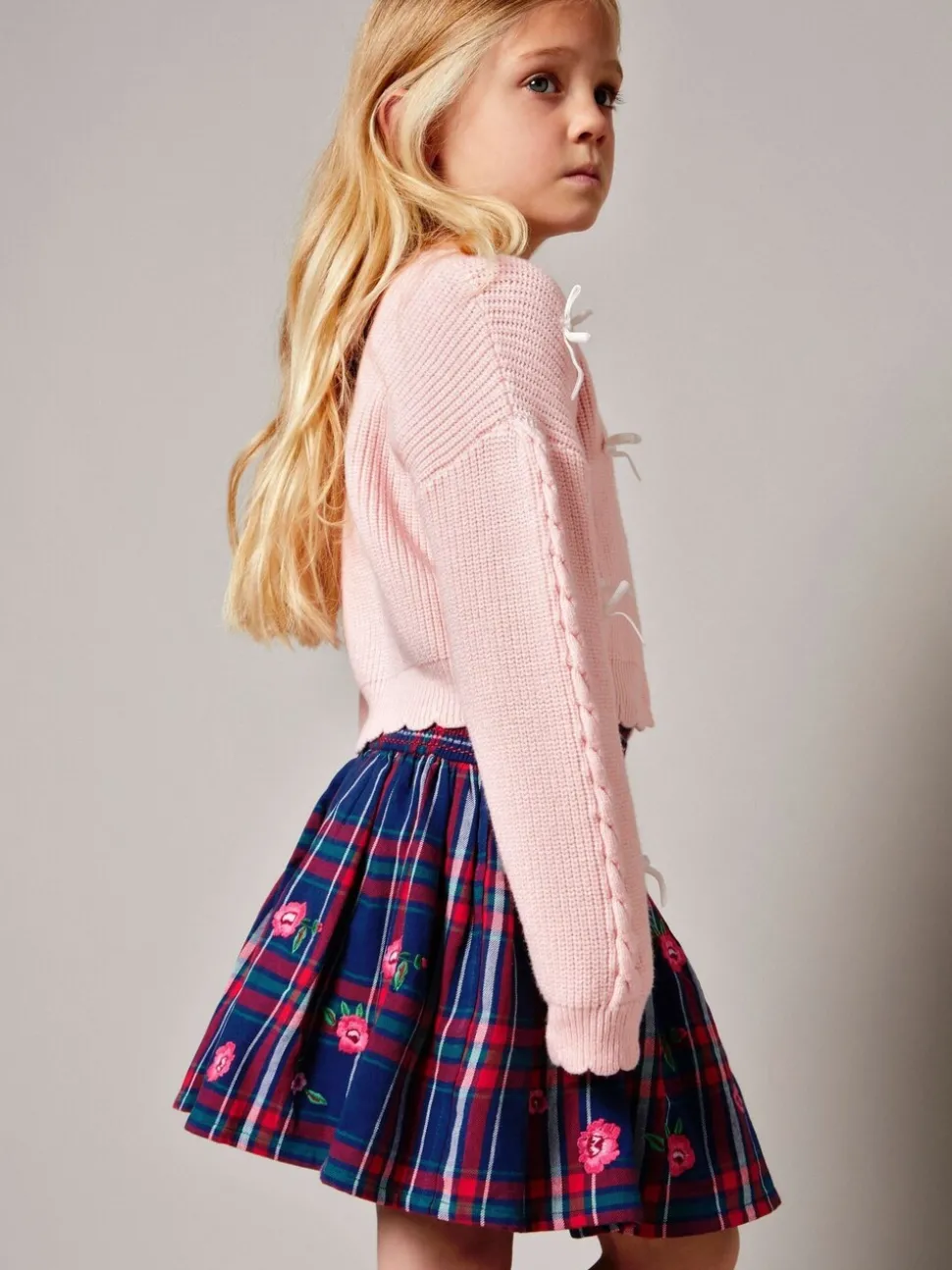 Monsoon Red Floral Print Embroidered Tartan Skirt
