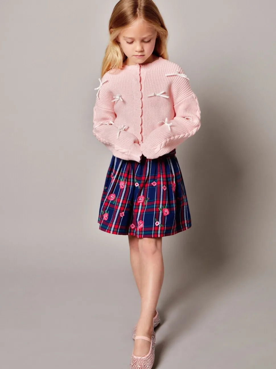 Monsoon Red Floral Print Embroidered Tartan Skirt