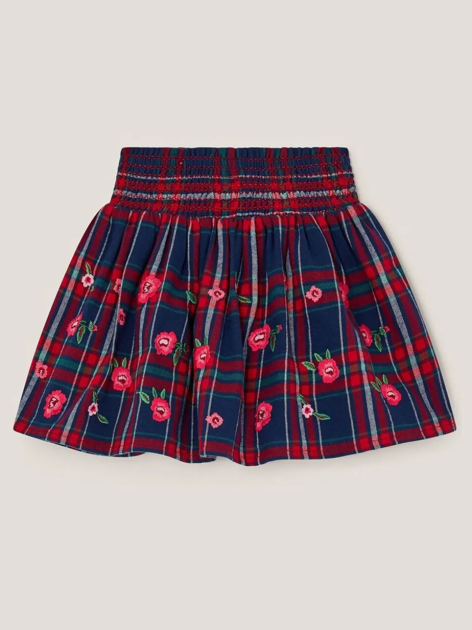 Monsoon Red Floral Print Embroidered Tartan Skirt
