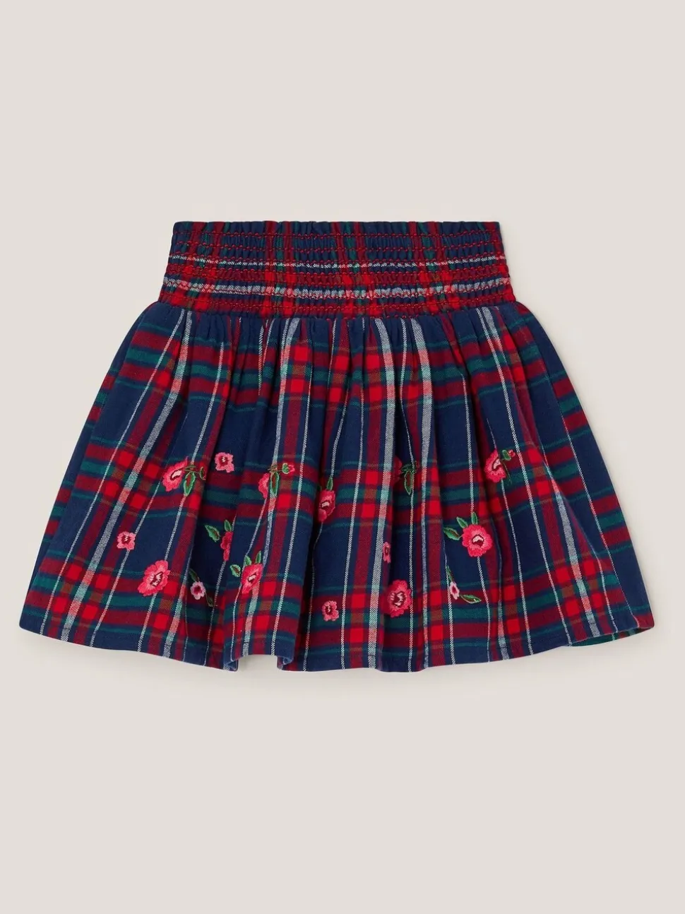 Monsoon Red Floral Print Embroidered Tartan Skirt