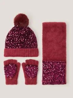 Monsoon Red Fuzzy Sequin Bobble Hat & Scarf Set