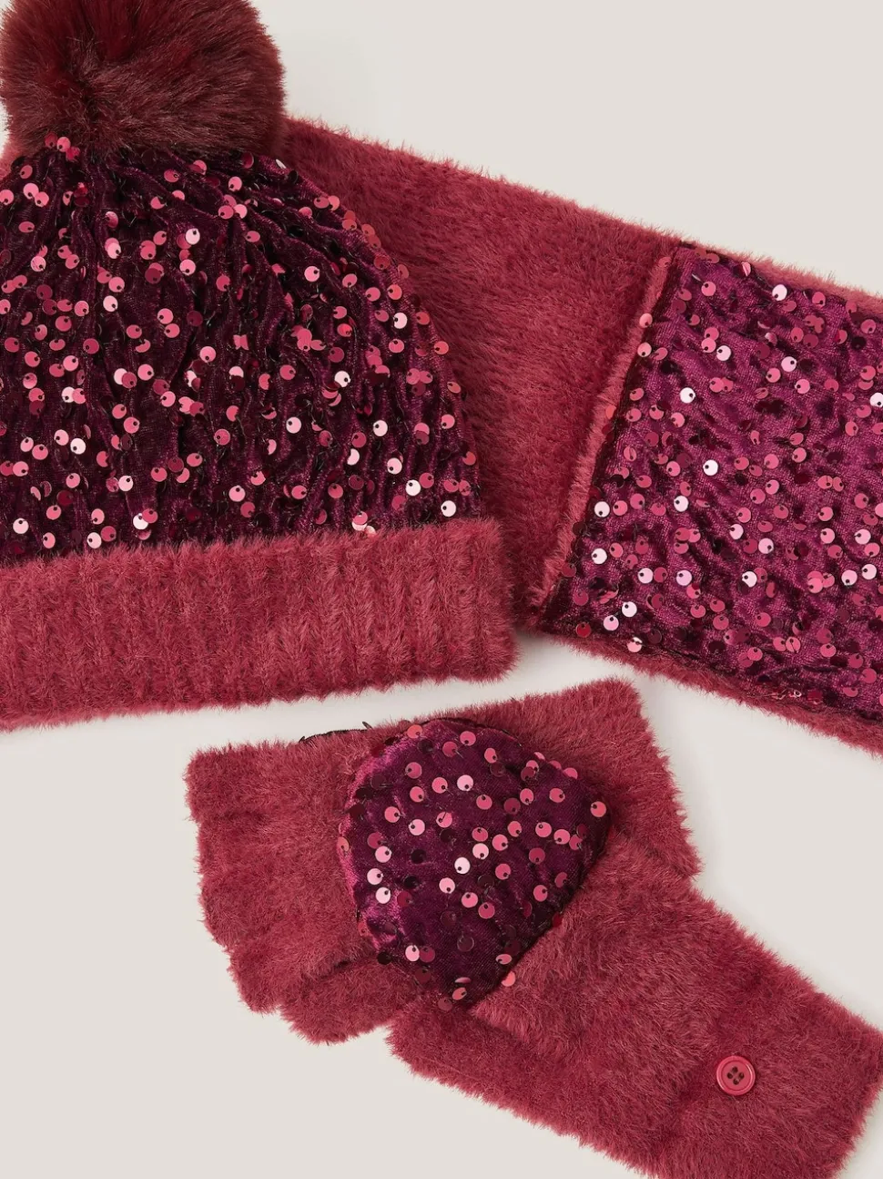 Monsoon Red Fuzzy Sequin Bobble Hat & Scarf Set