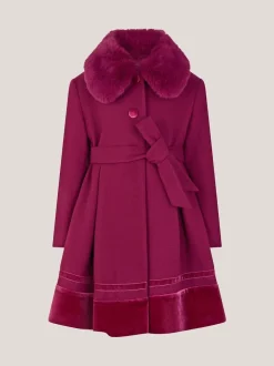 Monsoon Red Velvet Trim Faux Fur Dress Coat