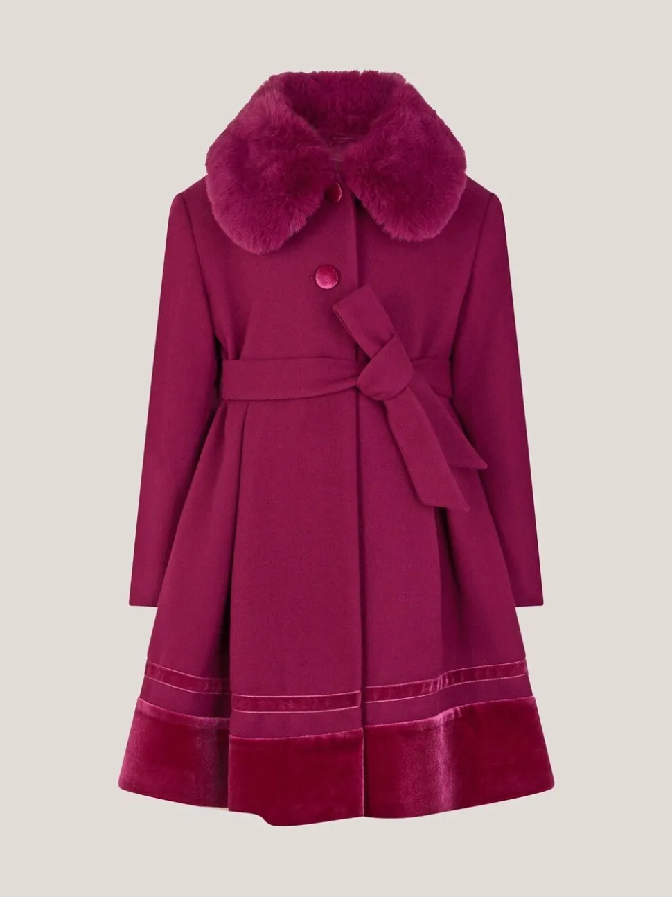 Monsoon Red Velvet Trim Faux Fur Dress Coat