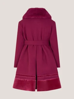 Monsoon Red Velvet Trim Faux Fur Dress Coat