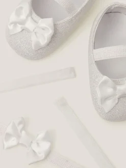 Monsoon Silver Baby Bow Glitter Shoes & Headband Set